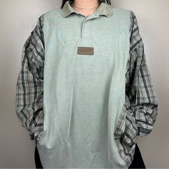 Wrangler Reworked Western Long Sleeve Relaxed Baggy Plaid Gray Brown Shirt Top - Picture 4 of 4